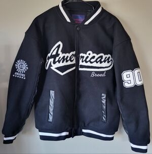 American Breed Men's Medium Bomber Athletic Jacket Black White Faux Leather